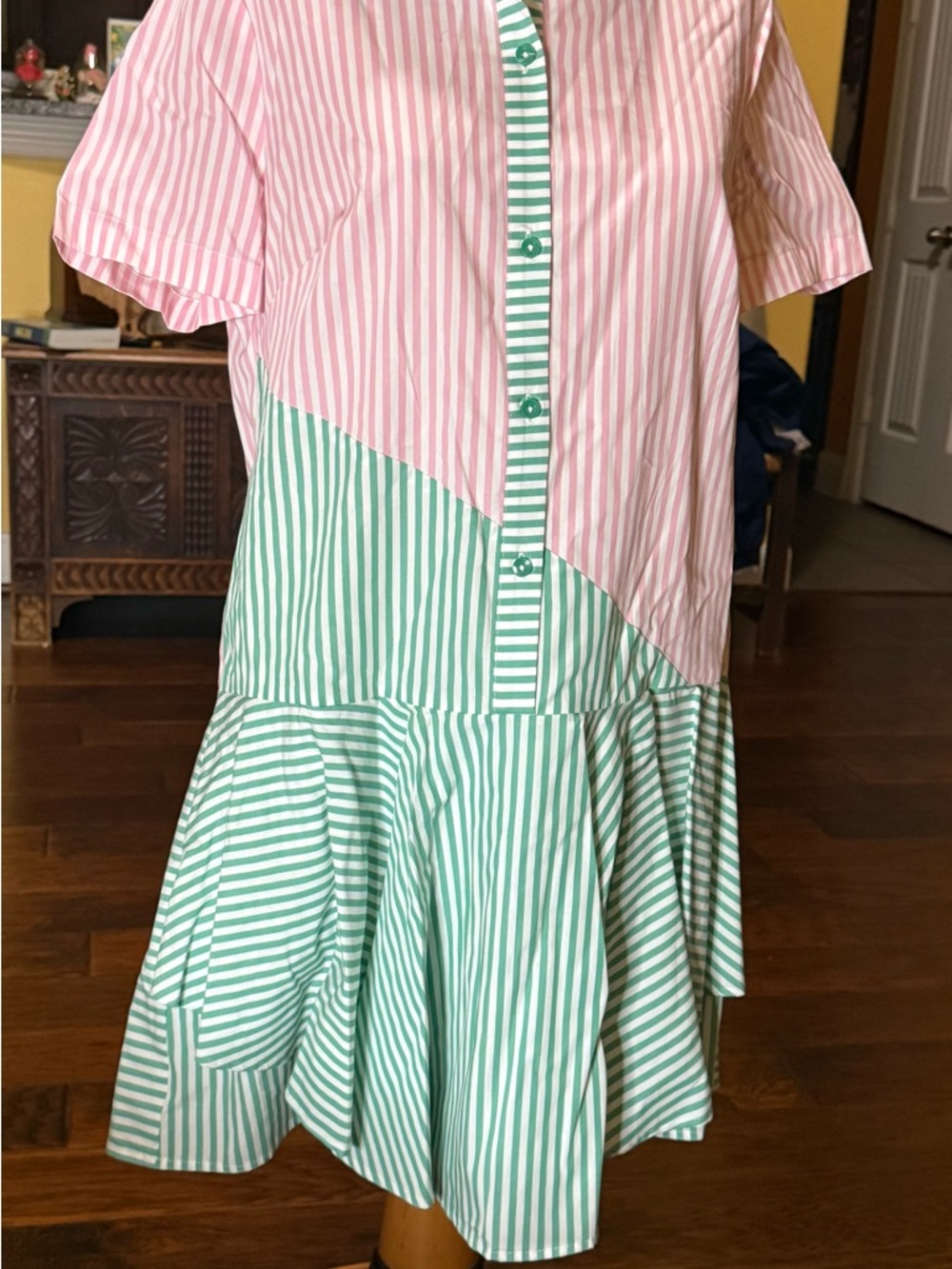 BCBGeneration Pink and Mint Striped Asymmetrical Shirt Dress